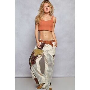 POL Boho Printed Patchwork Detail Woven Twill Pants Star Applique SMALL
